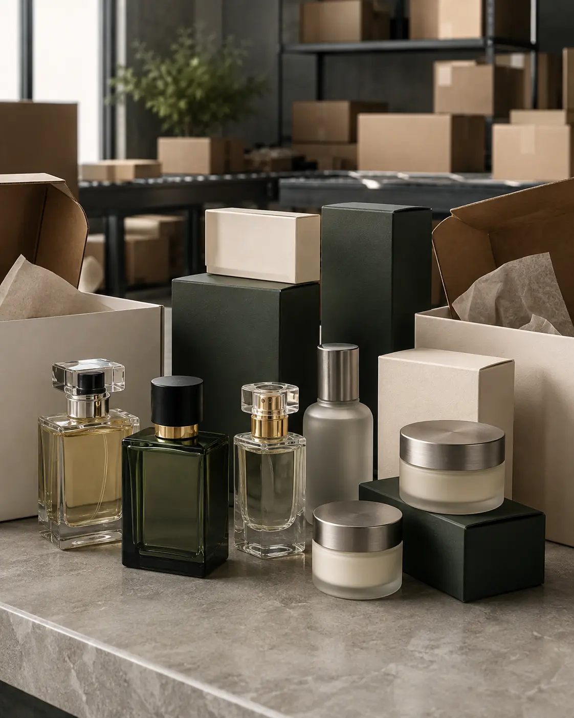 Unbranded perfume and cosmetic products prepared for wholesale distribution